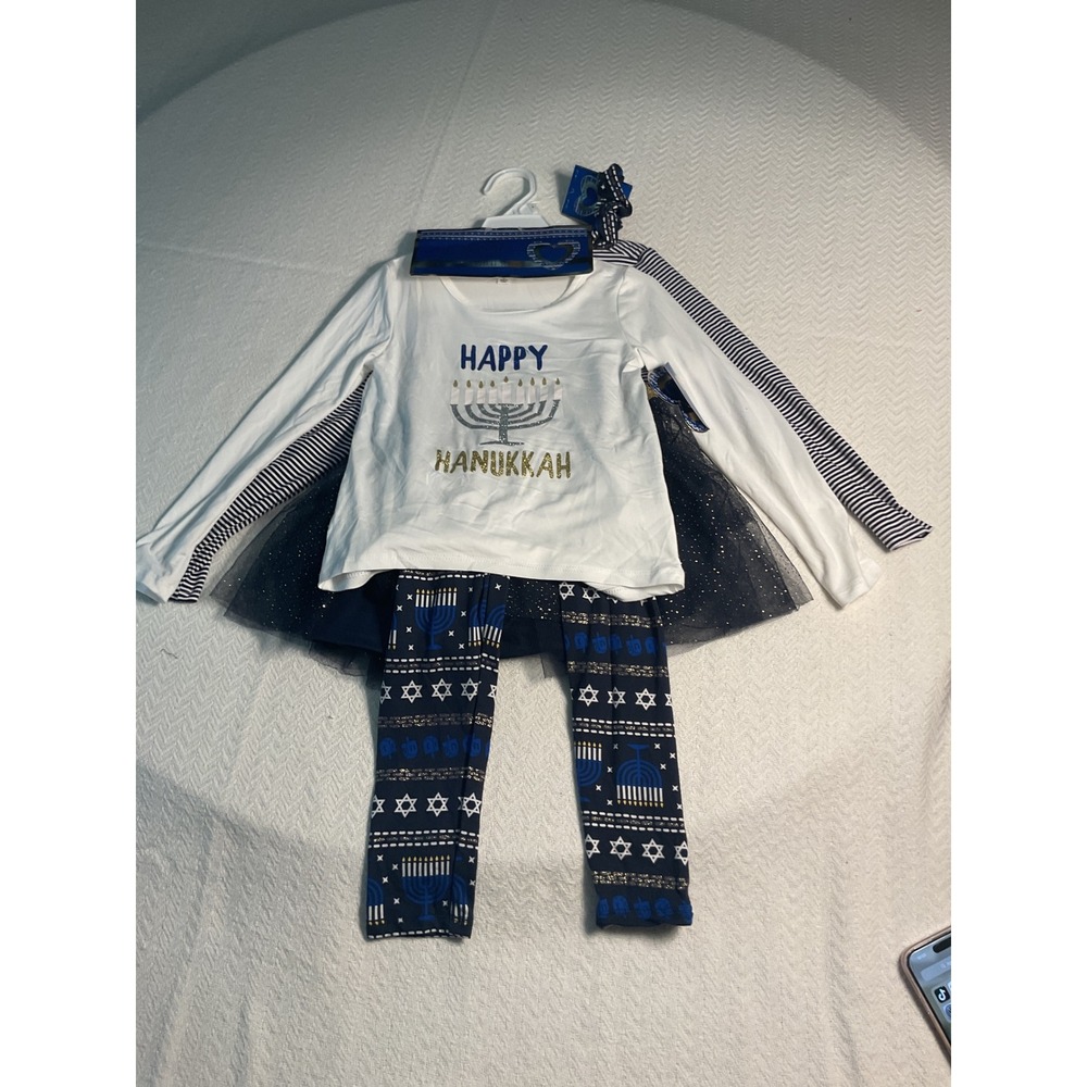 Btween Girls Happy Hanukkah Outfit Set Size‎ 5 Leggings Top Skirt Bow